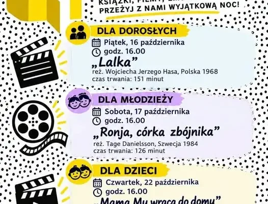 Noc filmowa w bibliotece w Pankach – seanse dla dorosłych i dzieci
