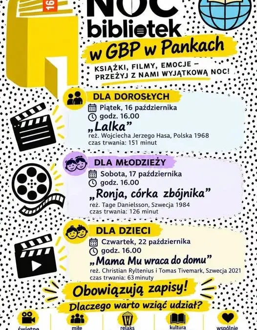 Noc filmowa w bibliotece w Pankach – seanse dla dorosłych i dzieci