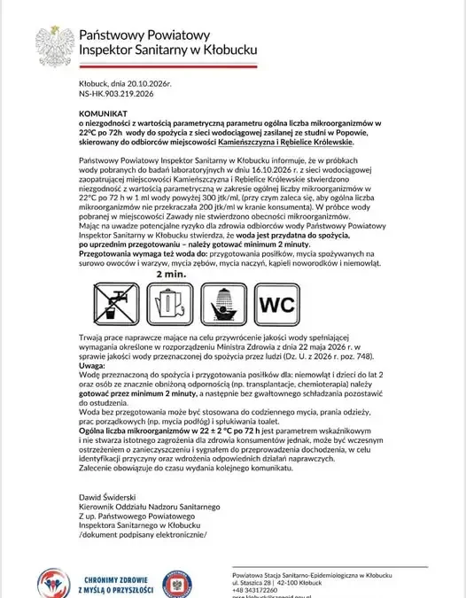 Woda w Kamieńszczyźnie i Rębielicach Królewskich wymaga gotowania – komunikat Sanepidu
