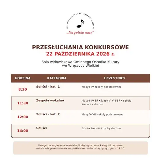 III Powiatowy Festiwal „Na Polską Nutę” – przesłuchania już 22 października we Wręczycy Wielkiej