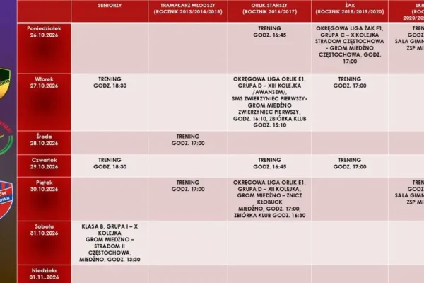 Grom Miedźno nie zwalnia tempa – harmonogram zajęć na ostatni tydzień października